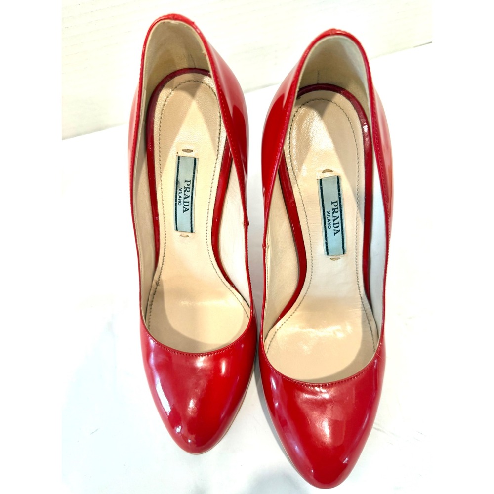 Prada Authentic Luxury Red Patent Leather Round Toe Slip On‎ Pump Shoes Sz 6 - Picture 7 of 10